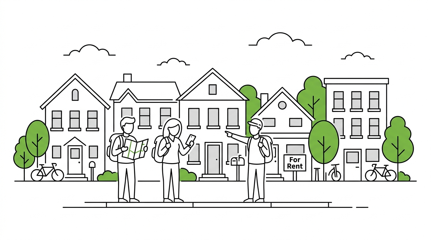 Students finding boarding houses in a neighborhood
